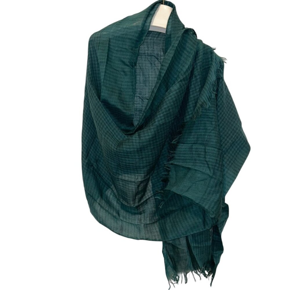 coldwater creek teal green blue gingham checkl plaid cotton fringe scarf 25x84